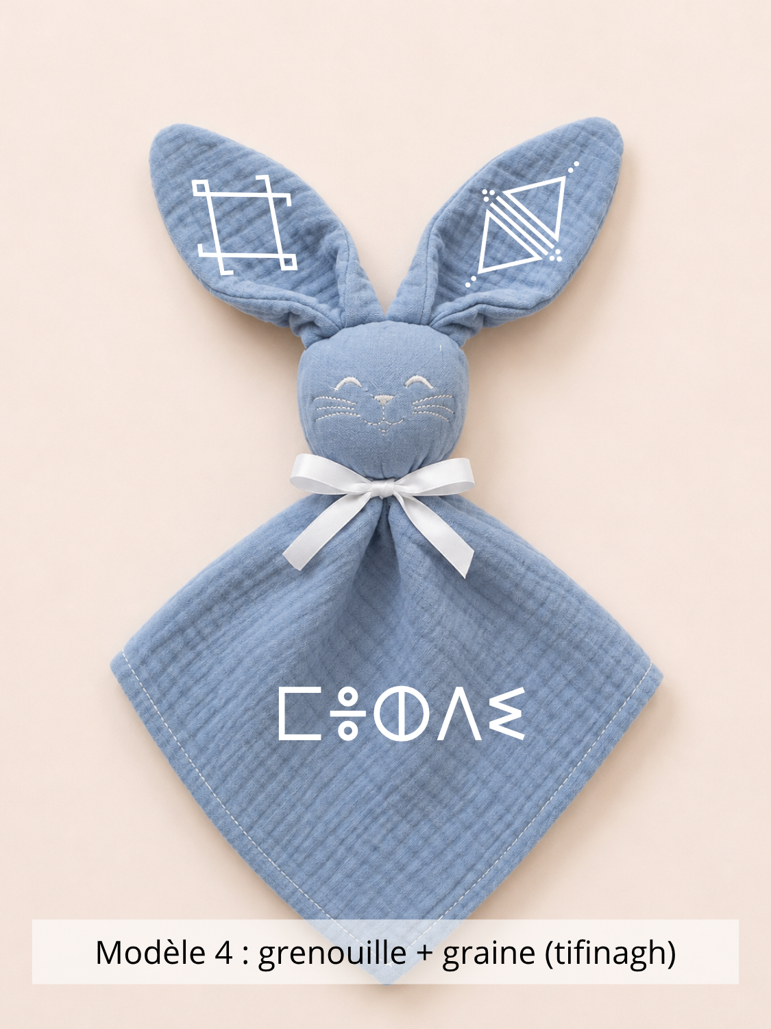 Doudou lapin gaze de coton bleu