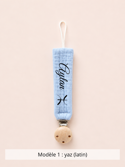 Attache tétine gaze de coton bleu ciel