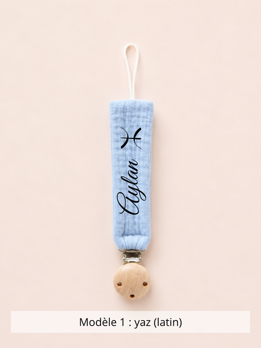 Attache tétine gaze de coton bleu ciel