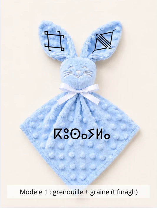 Doudou lapin minky bleu ciel