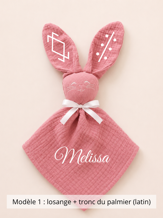 Doudou lapin gaze de coton rose cerise
