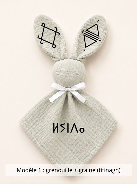 Doudou lapin gaze de coton sauge