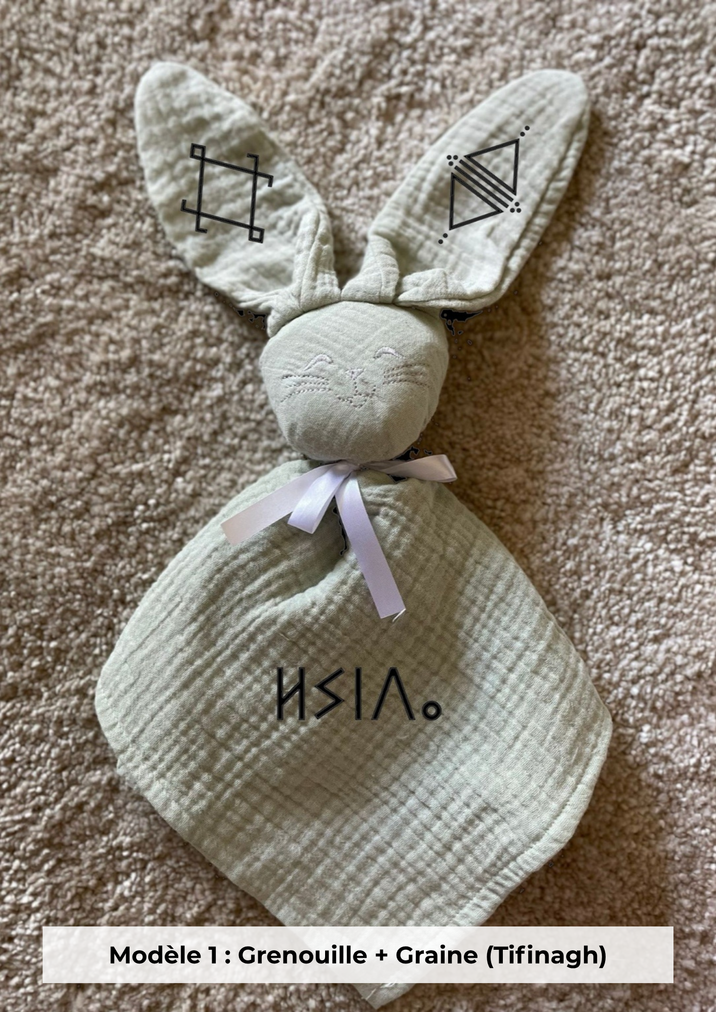 Doudou lapin gaze de coton sauge