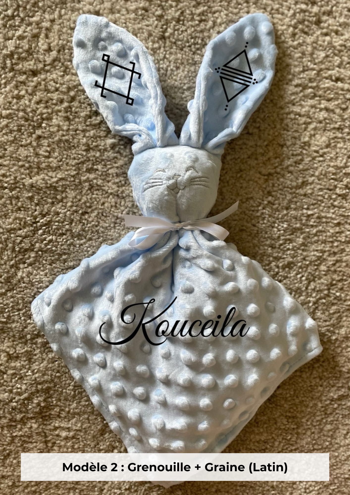 Doudou lapin minky bleu ciel