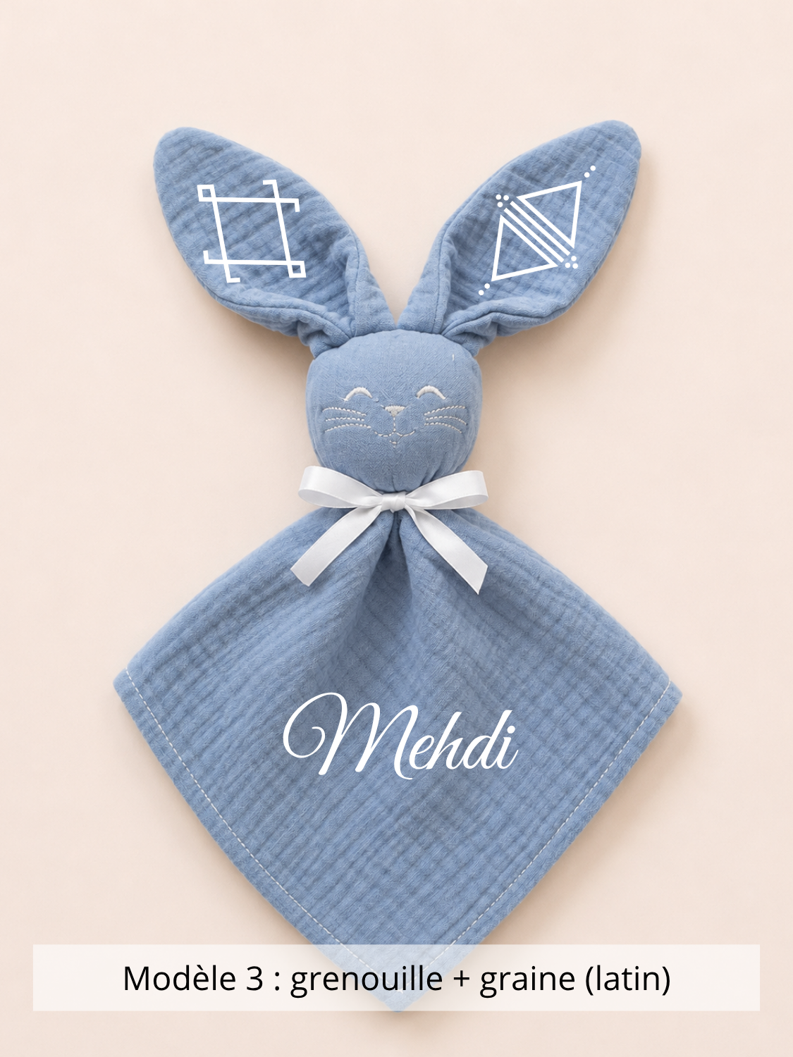 Doudou lapin gaze de coton bleu