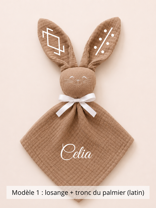 Doudou lapin gaze de coton marron