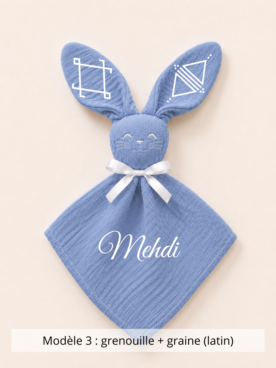 Doudou lapin gaze de coton bleu