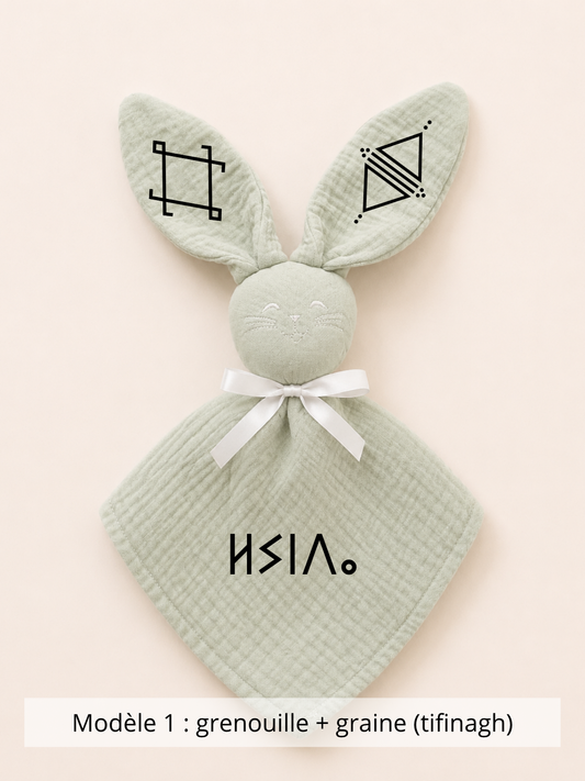 Doudou lapin gaze de coton sauge