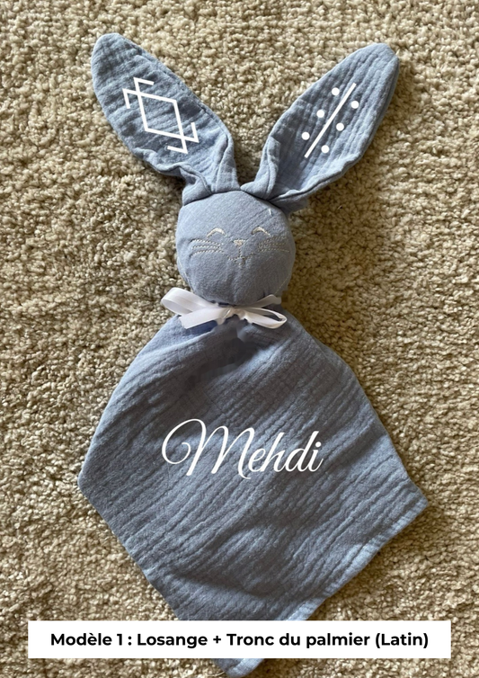 Doudou lapin gaze de coton bleu