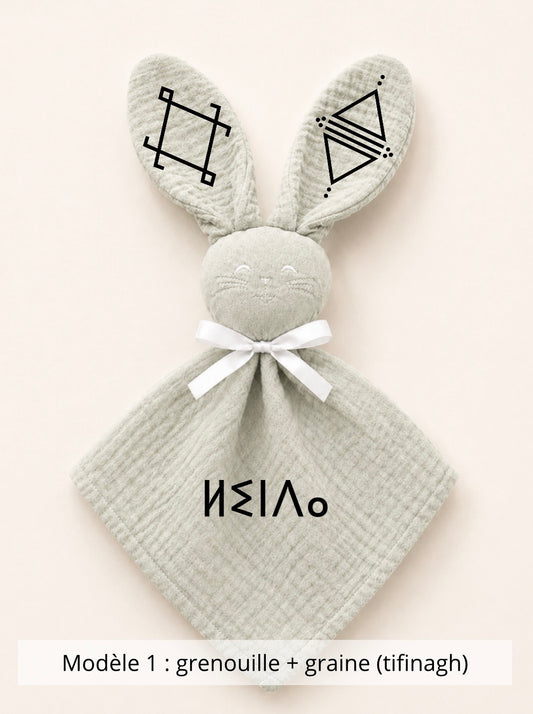 Doudou lapin gaze de coton sauge