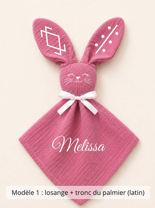Doudou lapin gaze de coton rose cerise