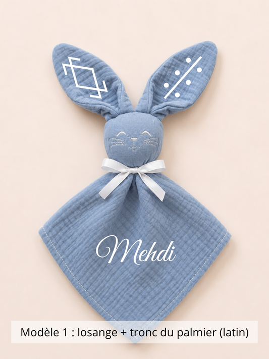 Doudou lapin gaze de coton bleu