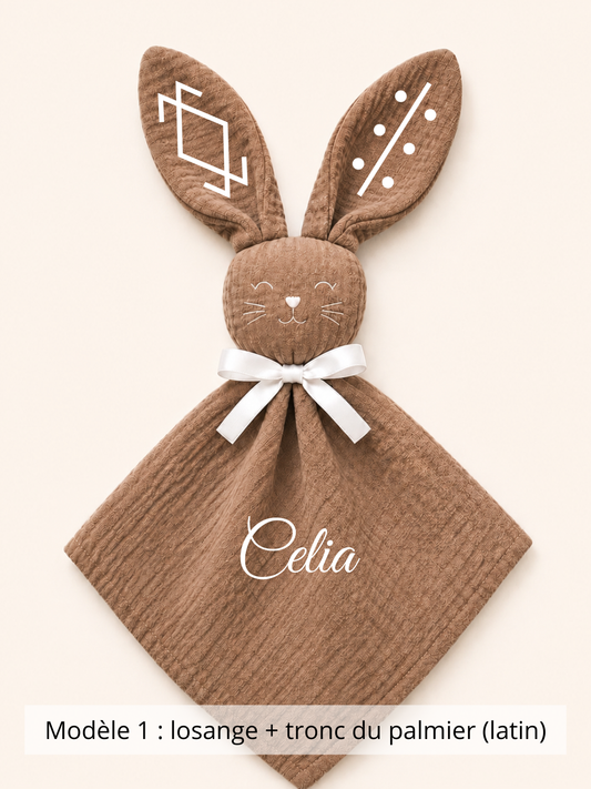 Doudou lapin gaze de coton marron