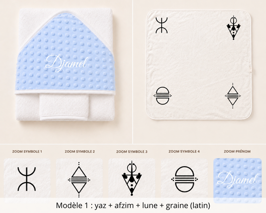 Cape de bain minky avec gant bleu ciel