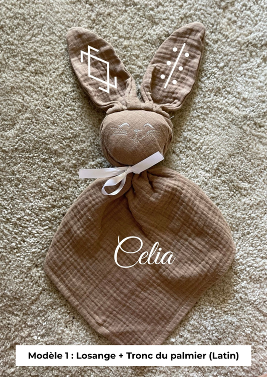 Doudou lapin gaze de coton marron
