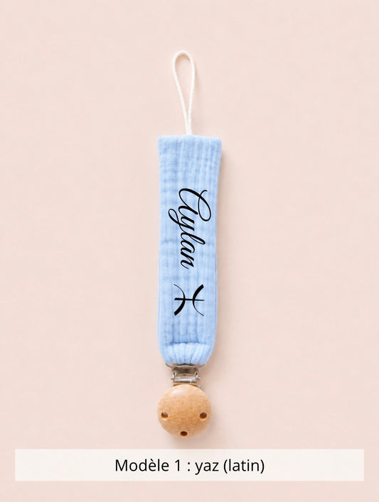 Attache tétine gaze de coton bleu ciel